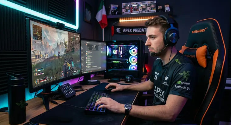 A professional Apex Predator booster playing Apex Legends on a high-end gaming PC setup